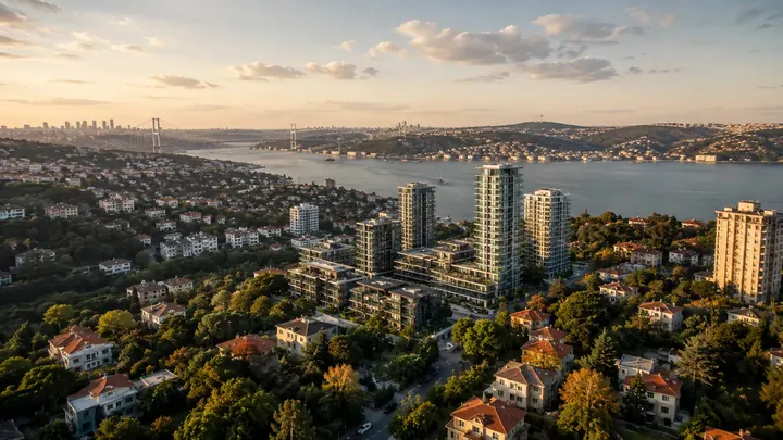 Etiler yamaclarında yaşayış binaları, rezidens qüllələri və arxa planda Bosfor