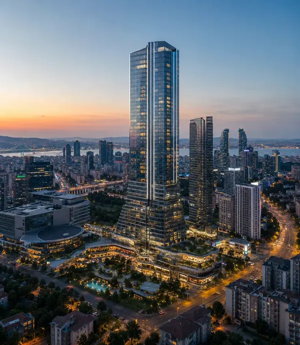 Quasar İstanbul qülləsi, Büyükdere prospekti və arxa planda Bosfor