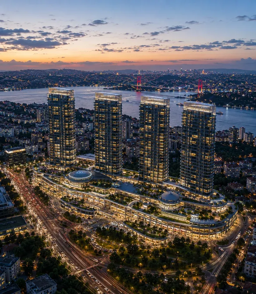 Zorlu Center qüllələri, işıqlandırılmış ticarət mərkəzi və arxa planda Bosfor körpüləri